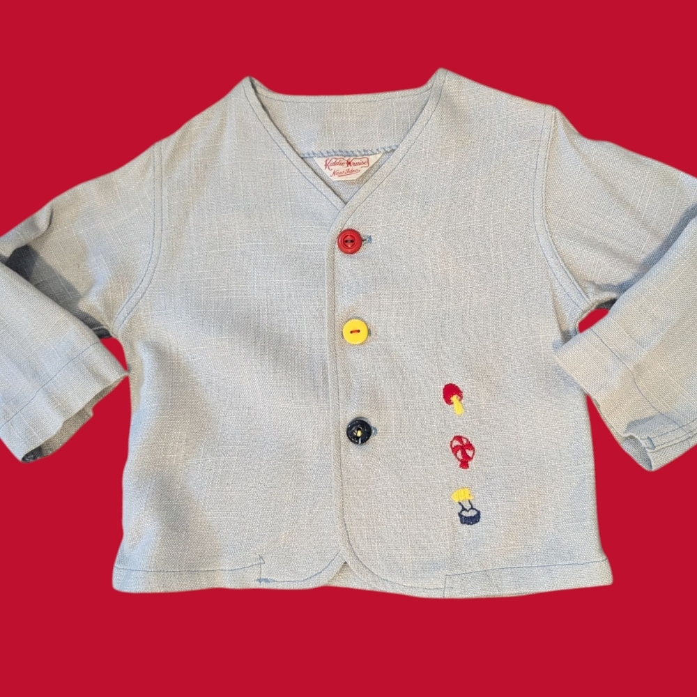 60s 70s Vintage‎ Light Blue Baby Jacket Embroidered Mushroom Primary Colors